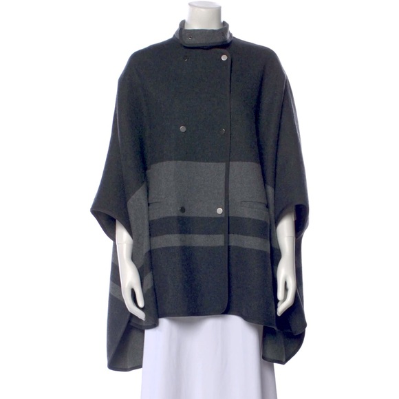 VINCE Wool Blend Two Tone Gray Stripe Oversized Poncho Blanket